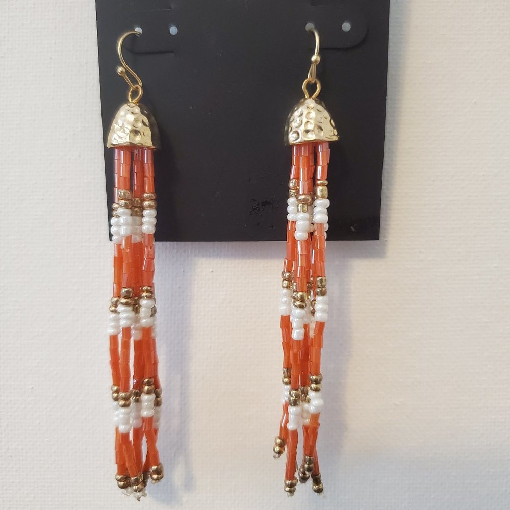 GOLD TONE CORAL, WHITE AND GOLD BEAD TASSLE EARRIN